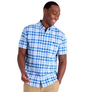 Men's Short-Sleeve Blue Plaid Button-Down Shirt Size Large